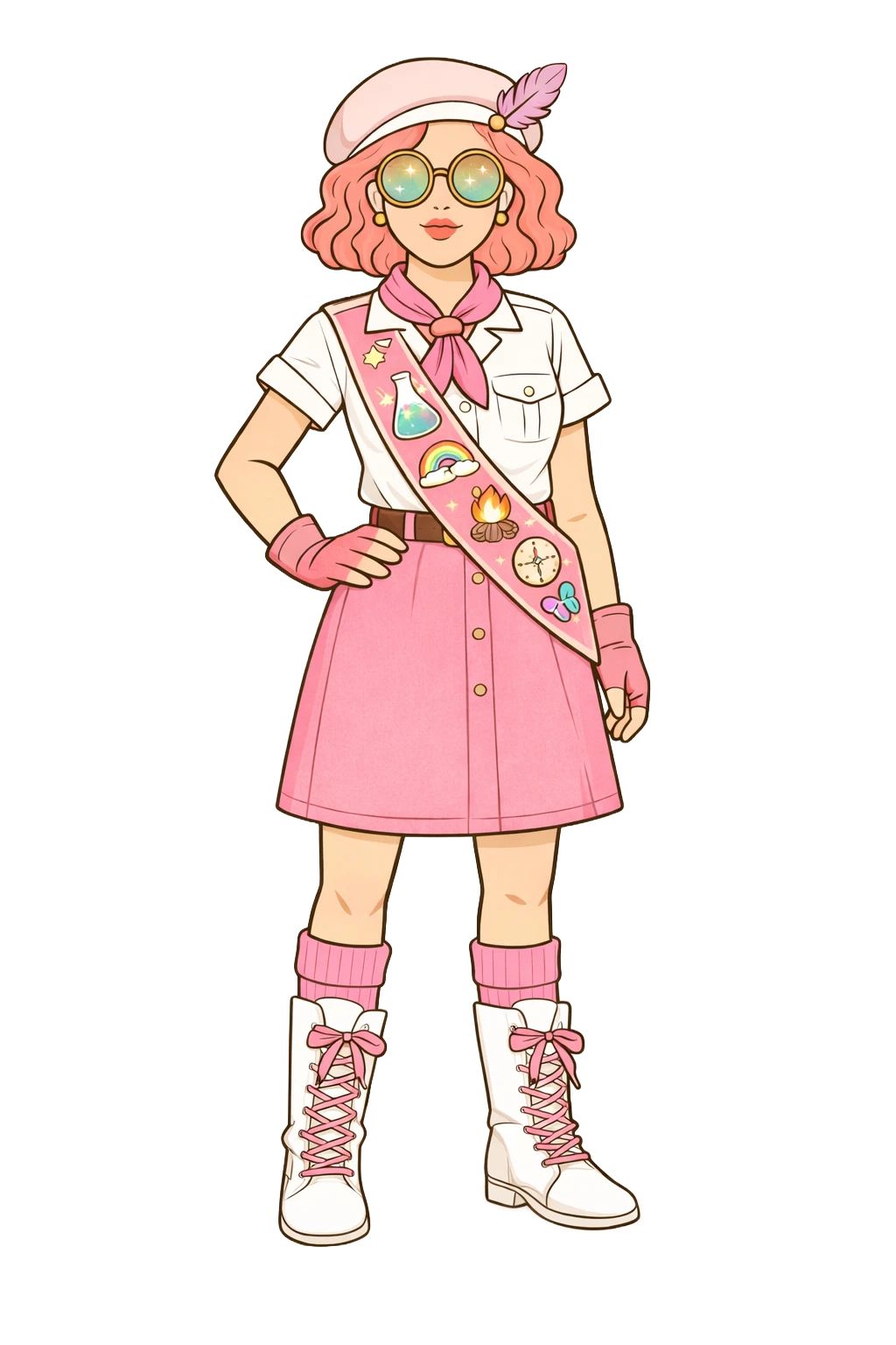 Professor Prism in a pink scout uniform, her sash covered in merit badges