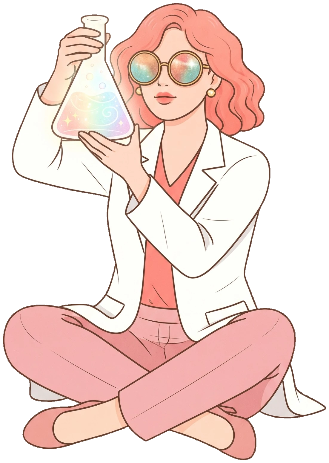 Professor Prism sitting cross-legged, holding up a glowing rainbow flask